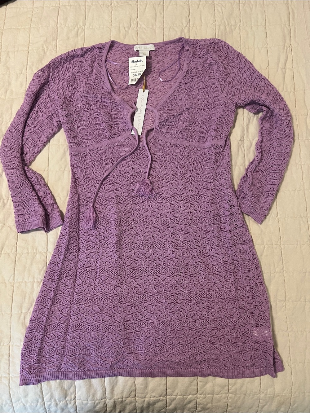 House of Harlow 1960 Lavender Crochet Tie-Front Long Sleeve Cover Up